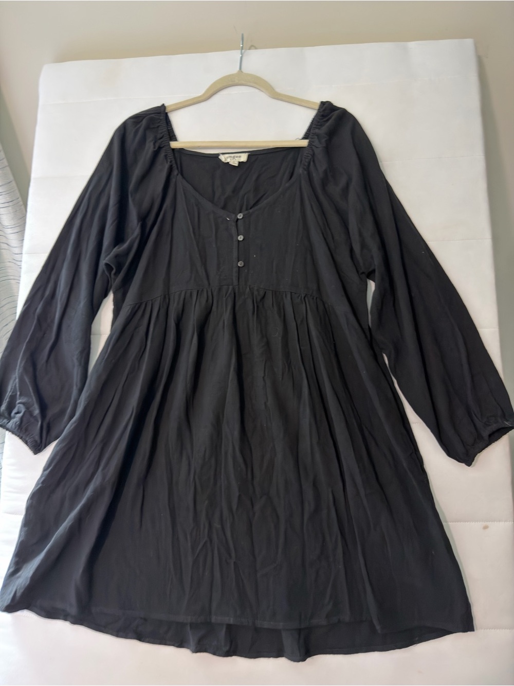 Umgee Women's Black Linen Cotton V-Neck Long Sleeve Babydoll Short Dress M